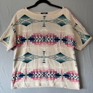Chaps Womens Linen Blend Aztec Print Top Size XL Cream Southwestern Boho Ranch